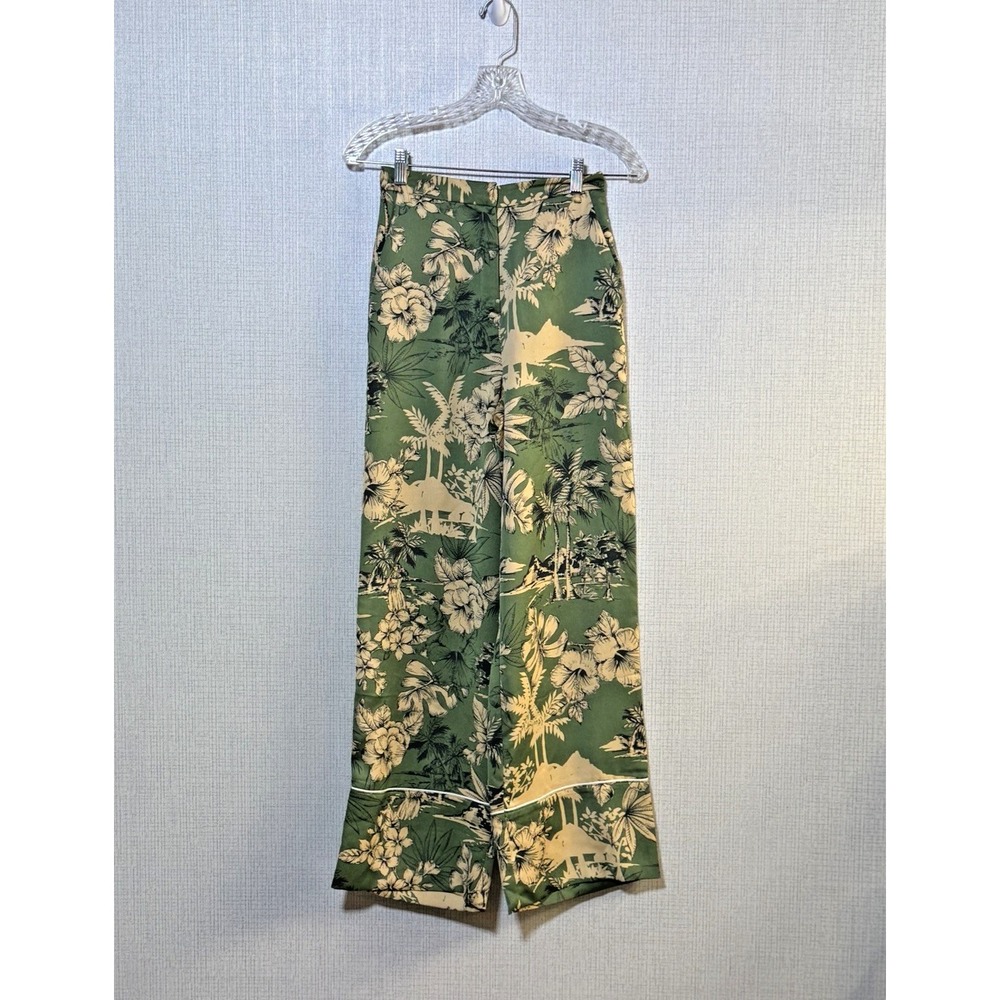 Topshop Tropical Floral Wide Leg Pants Womens 0 Green Hibiscus Vacation Boho